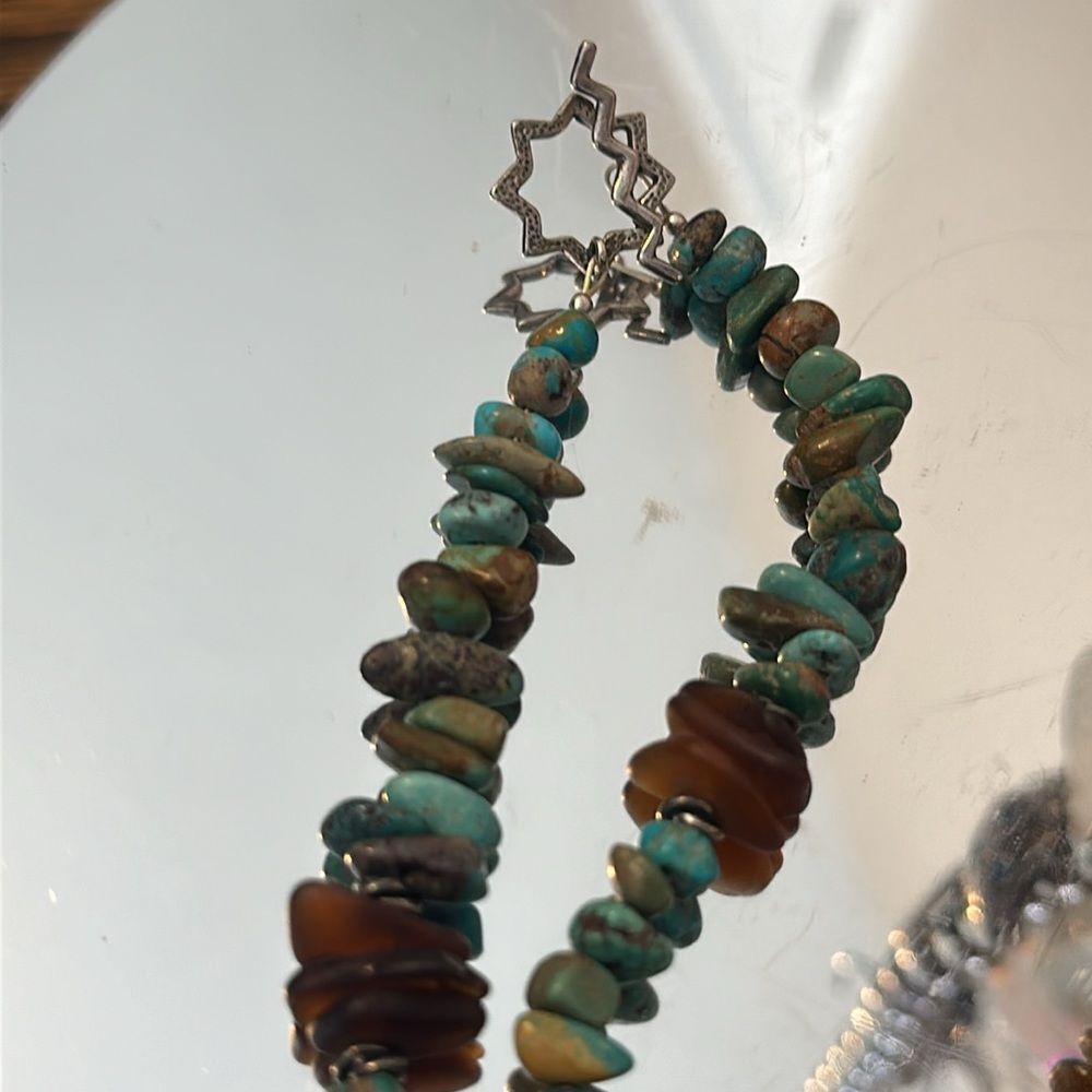 C1929-1930 rare dark brown sea glass turquoise and sterling silver necklace - Picture 7 of 8